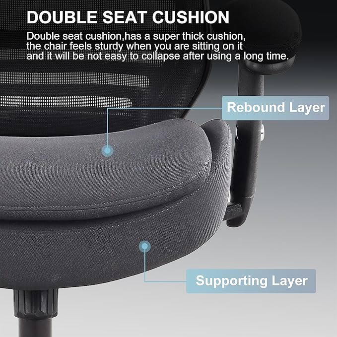 400lbs Ergonomic Office Chair with Double Seat Cushion and Soft Armrests for Executive Computer Desk with Built-in Lumbar Support (Black)