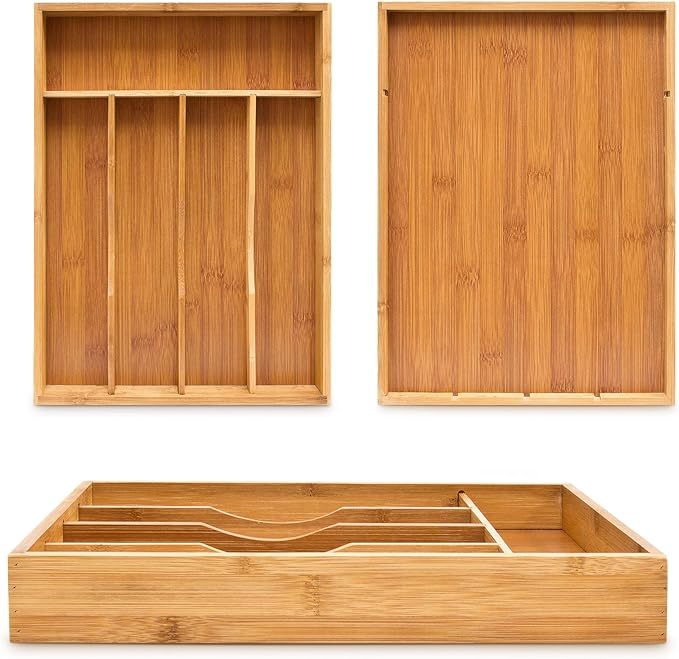 Bamboo Drawer Organizer - Kitchen Utensil Holder, 5 Slots Silverware Drawer Organization, Kitchen Wooden Tray for Cutlery, Flatware & Stationery - Natural