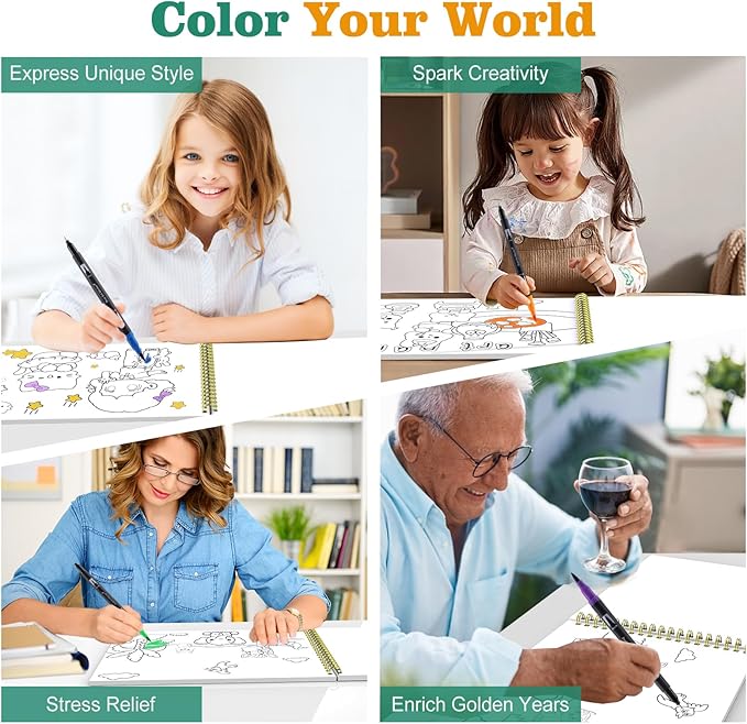 Easy Creative Coloring Book Set for Kids & Adults with 30 Patterns, 36 Color Markers, 10 Hangable Coloring Cards & 5 Premium Blank Watercolor Papers - Arts and Crafts Gift for Relaxation