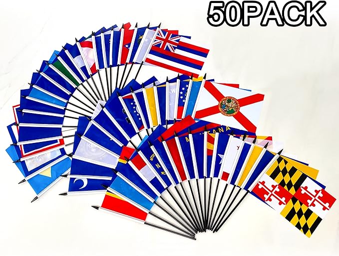 Consummate 50 State Flags Set Small Mini Hand Held Stick Flag,8.2 x 5.5 Inch