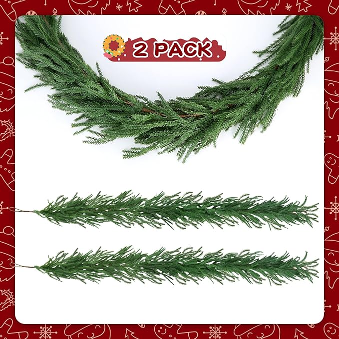 12ft 2Pcs*6ft Artificial Norfolk Pine Garland,Christmas Garland Greenery Garland for Mantle, Fireplace, Table, Wall, Window, Bedroom,Fence, Indoor Outdoor Holiday Winter Hanging Christmas Decorations
