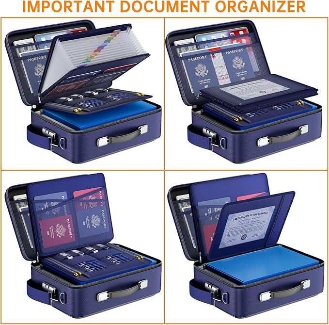 DocSafe Fireproof Document Box with Lock&Shoulder Strap,Hard Case File Organizer with Accordion File Folder,Multi-Layer Portable Home Office Travel Safe Storage for Important Documents Laptop Blue