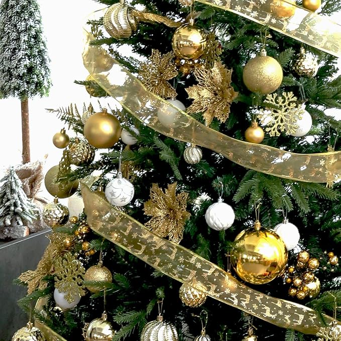 Christmas Balls Ornaments -36pcs Shatterproof Christmas Tree Decorations with Hanging Loop for Xmas Tree Wedding Holiday Party Home Decor,6 Styles in 3 Sizes(Gold)