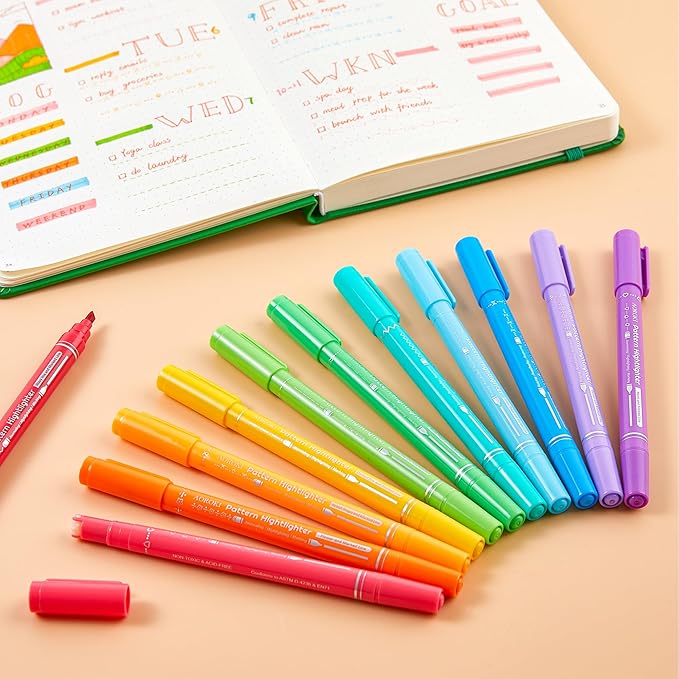 12 Colored Curve Highlighter Pen Set, 10 Different Shapes Dual Tip Marker Highlighters for Journaling Drawing Note Taking,Curve Highlighter pens for Planner Scrapbook School Supplies