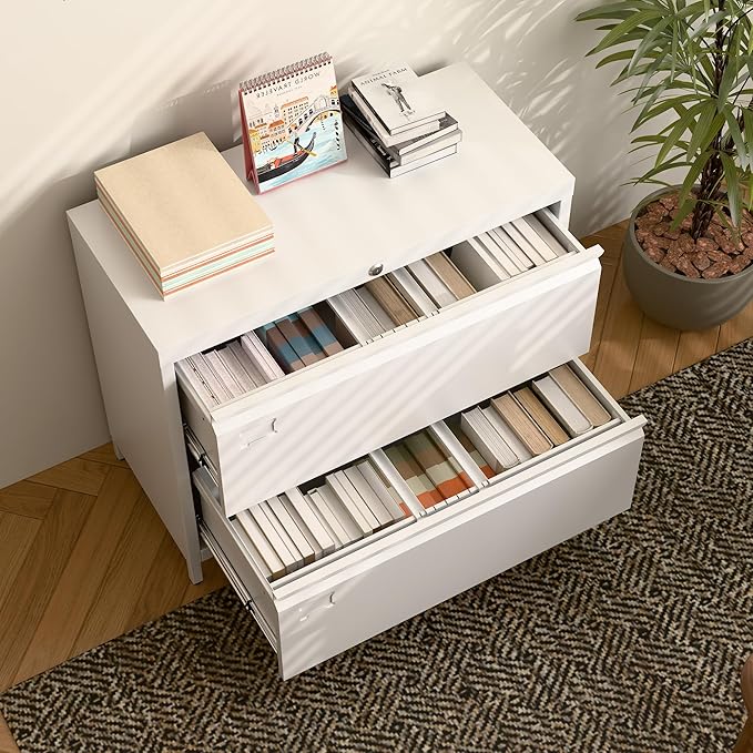 Metal Lateral File Cabinet, 2 Drawers Lateral Filing Cabinet, Office Wide Storage File Cabinet for Letter/Legal/A4 Size, Assembly Required