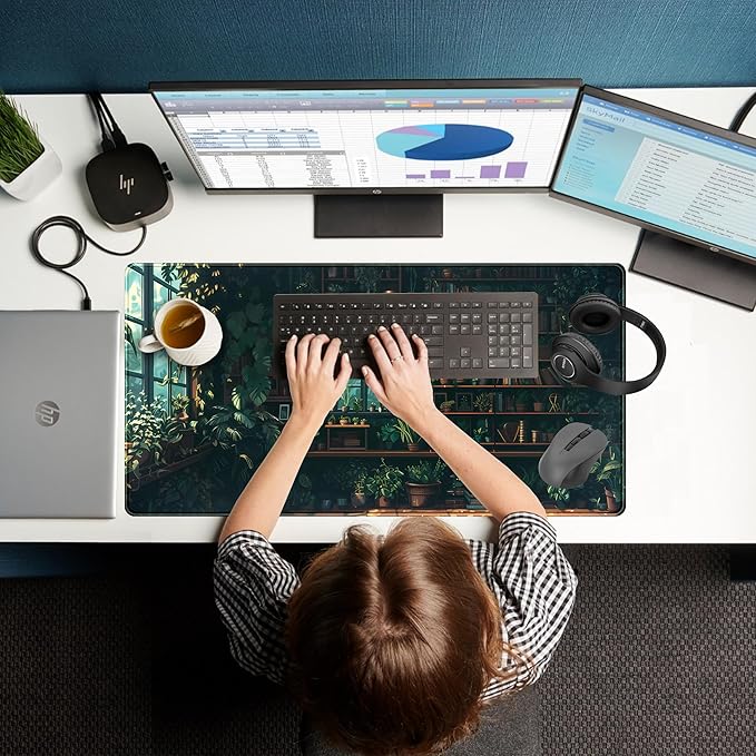 Green Plant Desk Pad Gaming Pad Extra Large Desk Mats Full Desk Mouse Pad XXL, Desktop Mat Computer Laptop Keyboard Pads, Office Home Decor Table Pad Cute Desk Accessories 31.5" x 15.7"