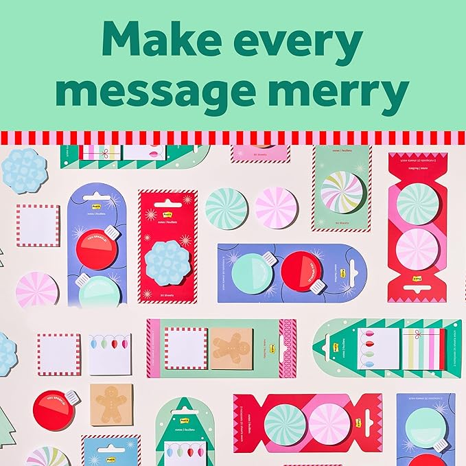 Post-it Jingle Sticky Notes, Christmas Tree Design, 2 in. x 2.5 in., 1 Holiday Tree-Shaped Christmas Themed Cute Sticky Note Pad with 50 Sheets