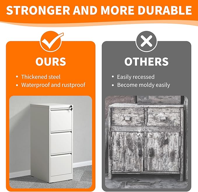 3 Drawer File Cabinet with Lock,White Metal Filing Cabinets Heavy Duty Locking Vertical File Cabinet Home Office Steel Storage Cabinet for Legal/Letter Size File,Assembly Required