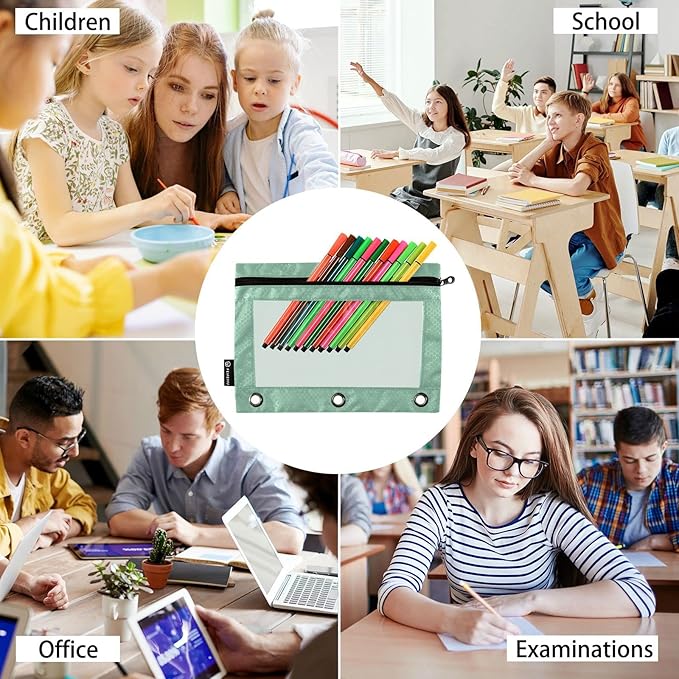 Gredecor Binder Pencil Pouch 3 Ring Sage Green Zipper Pencil Pouches Case 2 Pack Clear Binder Organizer for School Office