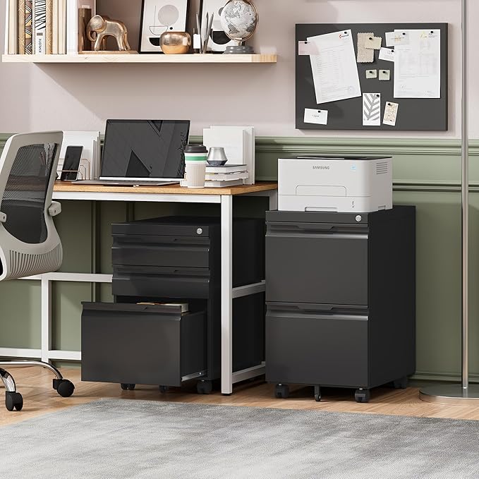 2 Drawer Mobile File Cabinet with Lock,Under Desk Metal Filing Cabinets with Wheels for Home Office Organizer Letters/Legal/A4(Easy Assemble-Black)