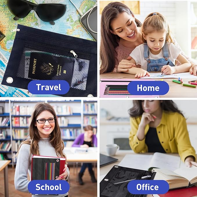 Pencil Pouch for 3 Ring Binder - 3 Hole Zipper Pen Case Bag Holder Bulk Accessories Clear Window Aesthetic Organizer Pockets (Yellow, 1)