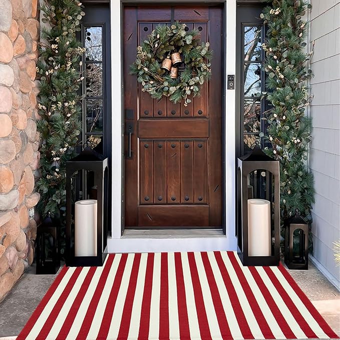 Christmas Outdoor mat Red and White Striped Outdoor Rug Front Porch Rug,Christmas Home Decor, Layerd Welcome Doormat for Front Porch Decor, Front Door, Farmhouse Decor (Red and White, 36''x60'')