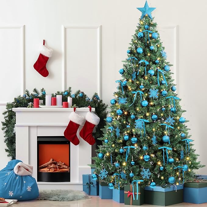 86Pcs Led Light Blue Christmas Tree Decorations Set 100 Led Light Christmas Star Trees Topper with String Lights Xmas Balls Snowflakes Ornaments Bows Xmas Trees Decor 20m Light String