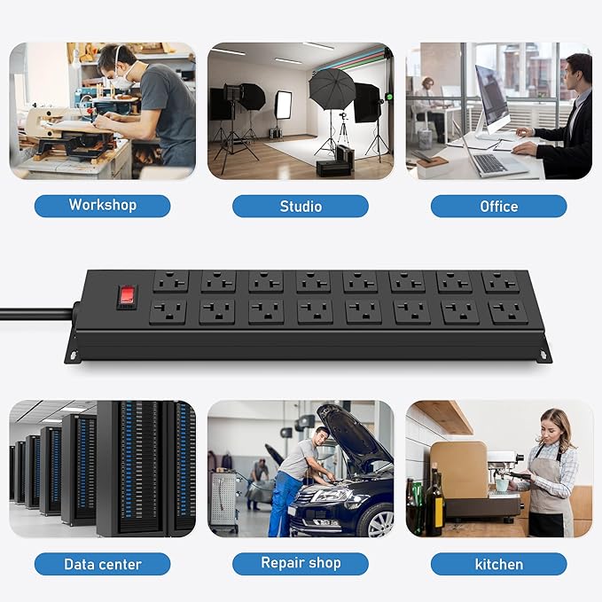 JUNNUJ Heavy Duty 20 Amp Power Strip, Garage 16 Outlets Metal 12 Gauge Surge Protector 3000J, High Amp 5-15P Adapter Shop 6-20R T-Slot Industrial Outlets (16AC, 4FT)