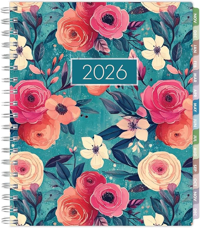 Essential PRO 2026 Daily, Weekly & Monthly Planner, 7"x9": 14 Months (Nov 2025 - Dec 2026) Monthly Tabs,Daily Tracking,Notes Pages,Storage Pocket,Bookmark w Sticky Notes (Teal Floral)