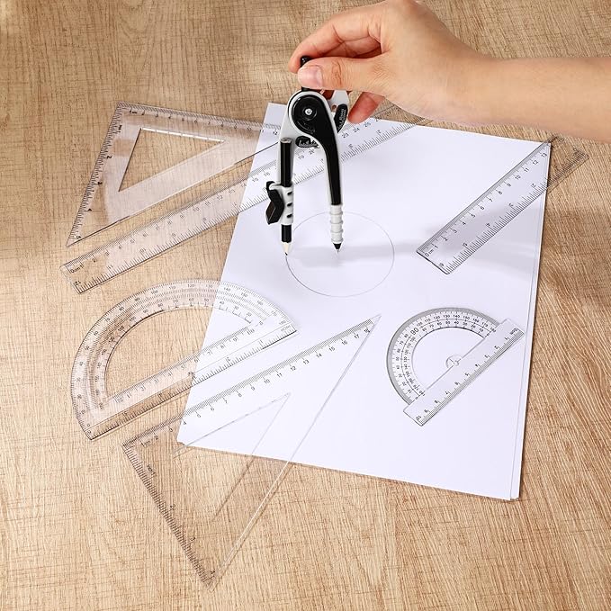 Zonon 1 Set Plastic Geometry Math Set 7 Pcs Includes 6'' / 4 '' Protractor, Drawing Compass, 45/60 Degree Triangle Rulers, 12'' / 6'' Math Ruler Transparent for Office Supplies(Clear)