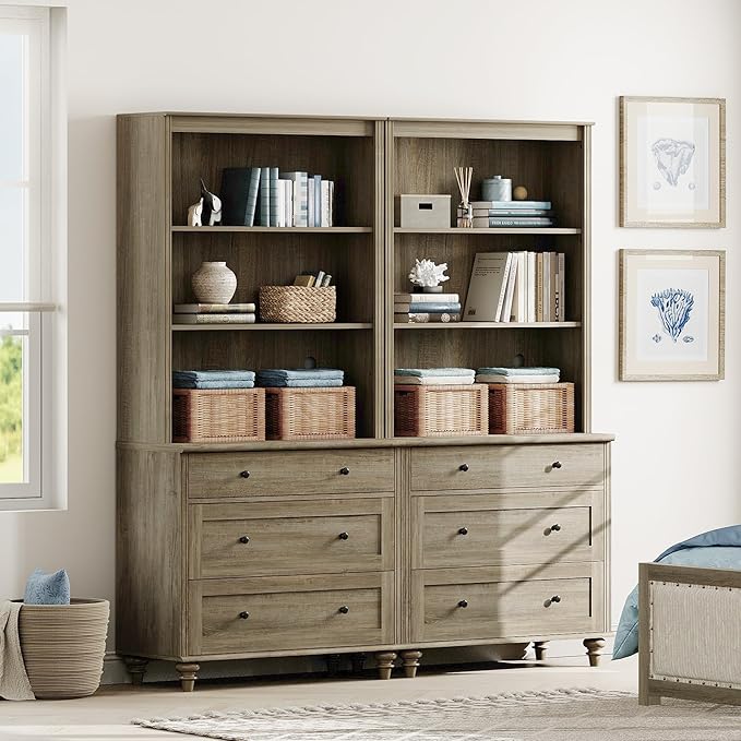 WAMPAT 3 Tier Bookshelf with 6 Wooden Drawers, 72" Tall Large Farmhouse Display Bookcase with Open Book Shelves, Mid Century Style Bookshelves for Living Room, Bedroom, Study Room, Wash Grey (2PCS)