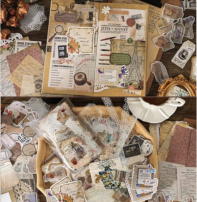 260PCS Vintage Journaling Scrapbooking Supplies Scrapbook Sticker Paper Ephemera Pack for Bullet Junk Journal Planners Collage Craft Notebooks Album (Pen Ink and Letter)