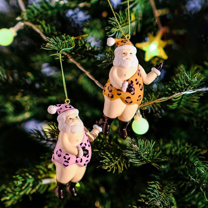 Funny Santa Ornaments Set of 2 - Playful Leopard Print Santas! Blown Glass Santa Ornaments for Christmas Tree