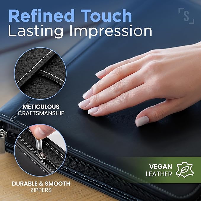STYLIO Zipper Portfolio Binder with Carrying Handle | Removable 3-Ring Binder (1") w/Clipboard Padfolio | Organizer for Documents, iPad, Tablet, Phone, Notebook| Business Leather Folder for Men Women