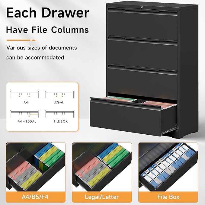 Bestoo 4-Drawer File Cabinet with Lock, Metal Filing Cabinet for Home Office, Lateral Filing Storage Cabinets, Fits File Folders, Letter/Legal/F4/A4 Sizes, Assembly Required (Black)