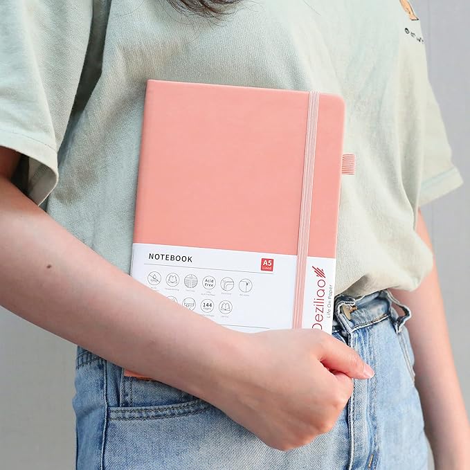 Deziliao Lined Journal Notebooks with Pen Loop, Hardcover Notebook Journal for Work, 100Gsm Premium Thick Paper with Inner Pocket, Medium 5.7''''x8.4'''', ?Pink, Ruled, 1 Pack