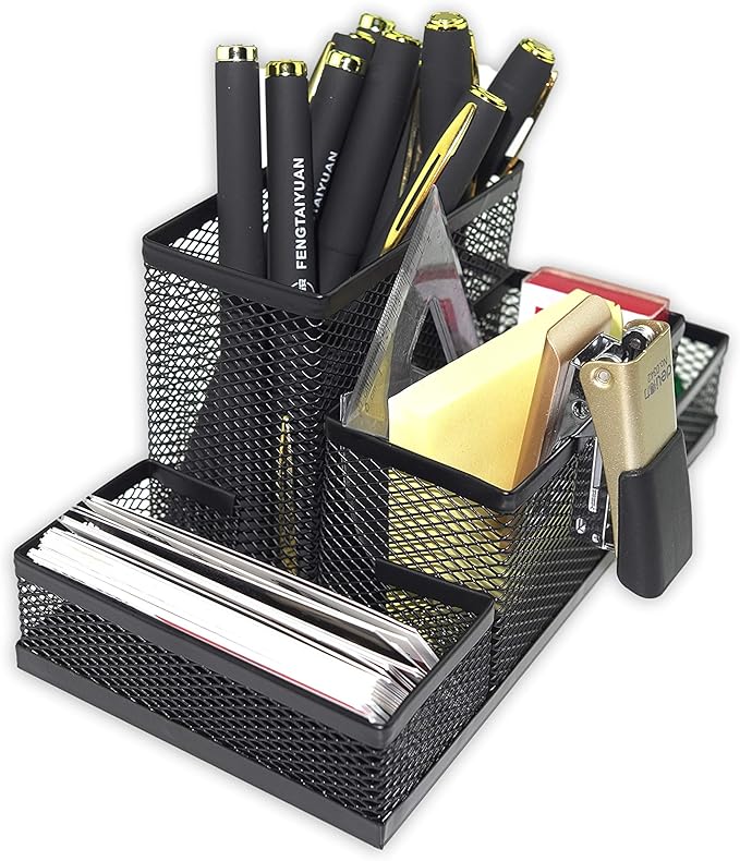 Fengtaiyuan T02 Black-Plus, Big Black Metal Wire Mesh Pencil Holder, Desktop Organizer