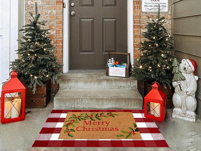 Ckorzen Red and White Plaid Rug, 28" x 43" Christmas Front Porch Outdoor Rug, Handwoven Cotton Washable Rug for Layered Door Mats, Holiday Entryway and Home Décor