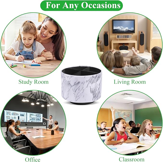 Round Leather Art Supply Organizer,Remote Control Holder,360-degree Rotating Pen Organizer with 4 Compartments(1-Marble White Silver)