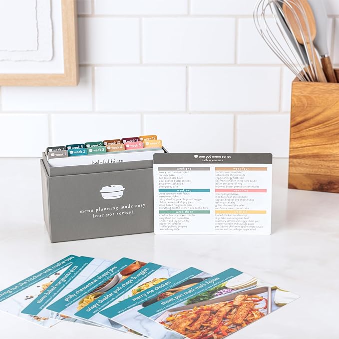 One Pot Meal Planner with 72 Recipe Cards (Photo Edition) - Weekly Menu Plans | Sturdy Recipe Box | 12 Reusable Grocery Shopping Lists | 5 Blank Recipe Cards | Recipe Card Protector | Recipe Ideas