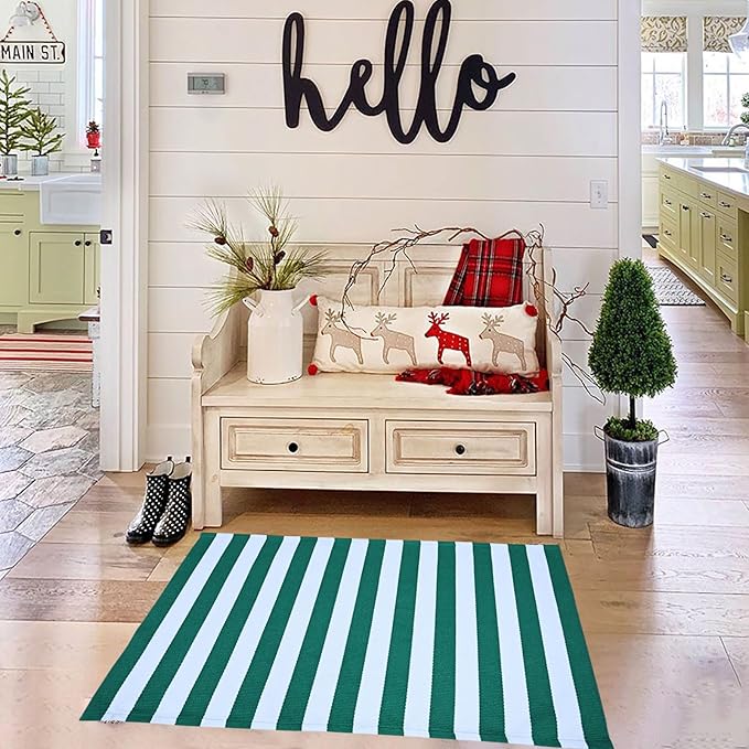 CAINANEL Christmas Outdoor mat 27.5"x43" Green and White Striped Outdoor Rug Front Porch Rug,Christmas Home Decor, Layerd Welcome Doormat for Front Porch Decor, Front Door, Farmhouse Decor