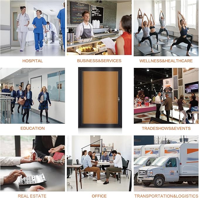 Enclosed Bulletin Board Outdoor Noticeboard with Locking Door, Weather-Resistant, Cork, Black Aluminum Frame, 36 x 24 in