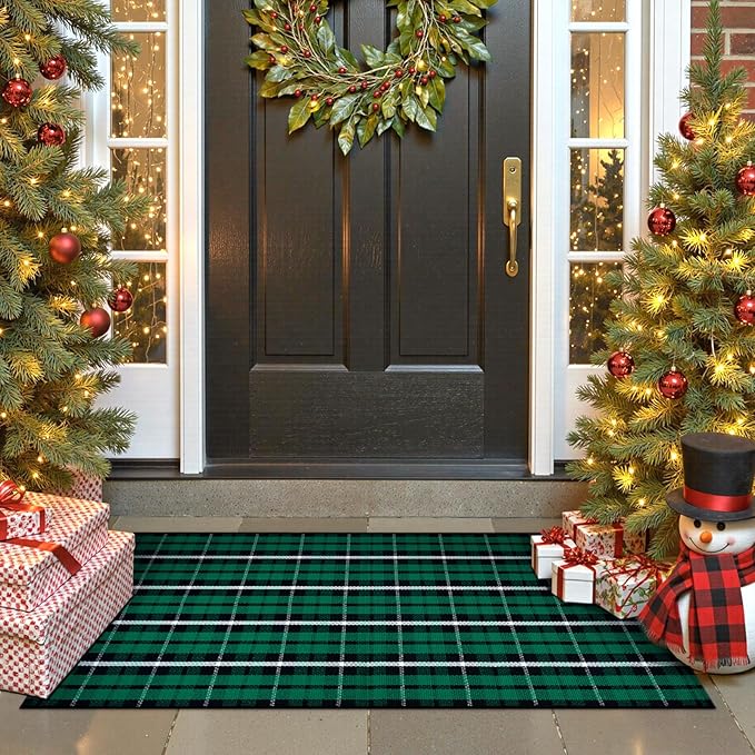KIMODE Christmas Door Mats 24"x51", Buffalo Plaid Checkered Outdoor Rug Decor, Black and Green Reversible Farmhouse Front Porch Rug, Washable Cotton Woven Welcome Mats for Entryway Kitchen