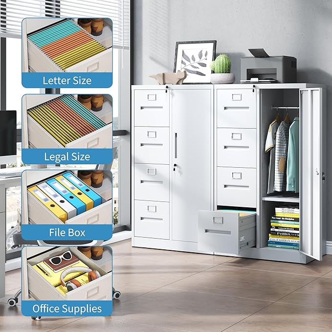 4 Drawer Filing Cabinet with Lock, Metal Storage Locker Cabinets for Home Office, File Cabinet for Hanging File Folders Letter/Legal/A4/F4 Size Documents, Assembly Required