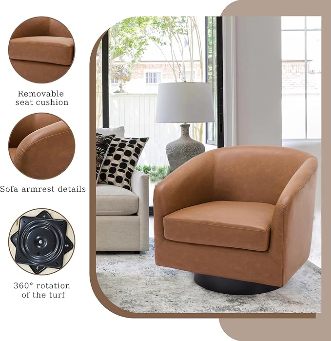 UIXE Faux Leather Swivel Accent Chairs Set of 2, Modern Upholstered Barrel Chairs for Living Room, Comfy Round Armchair Single Sofa Bedroom Reading Seat - 31" W, Brown