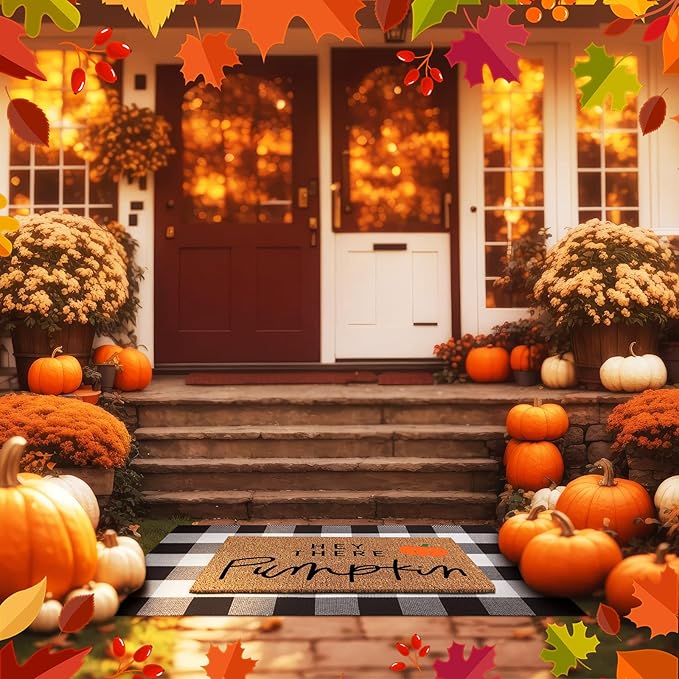 2 Pcs Fall Coir Doormat Outdoor Hey Pumpkin Welcome Outdoor Rugs for Layered Buffalo Black White Plaid Mats for Thanksgiving Autumn Fall Front Door Porch Entryway Decor