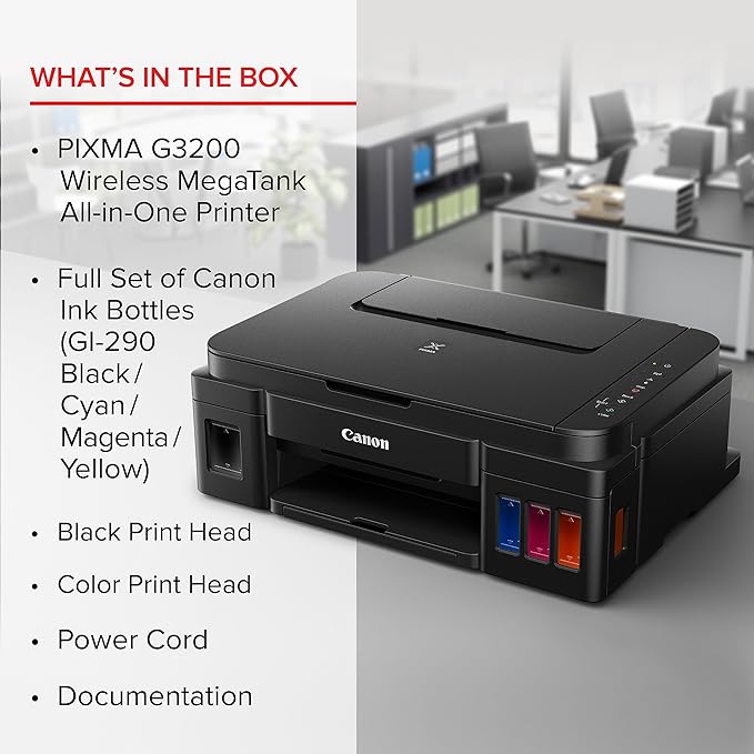 Canon G3200 All-In-One Wireless Supertank (MegaTank) Printer| Copier| Scanner| and Mobile Printing, Black, 6.5" x 17.6" x 13" (0630C002)