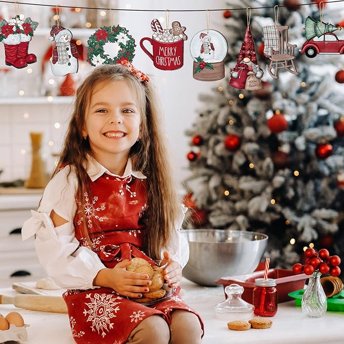 Huwena 36 Pcs Christmas Wooden Ornaments Red White Christmas Decorations for Tree Snowman Gnomes Poinsettia Flowers Truck Wreath Wood Cutouts Tags with Ropes Winter Decor for Xmas Tree Gifts