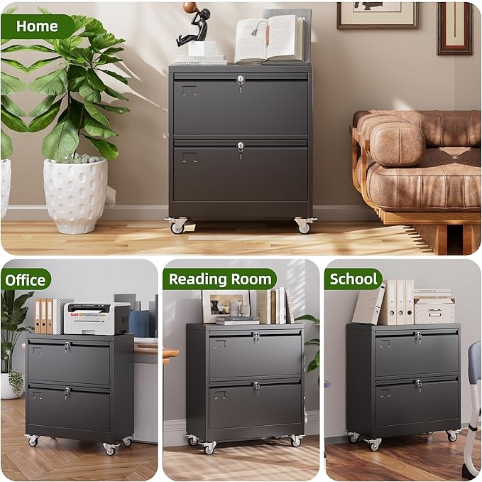 Aobabo 2 Drawer Lateral File Cabinet with Wheels, Lockable Metal Filing Cabinet for Home Office, Legal/Letter Size,Black,Required Assembled,15.87" D x 28.94" W x 34" H