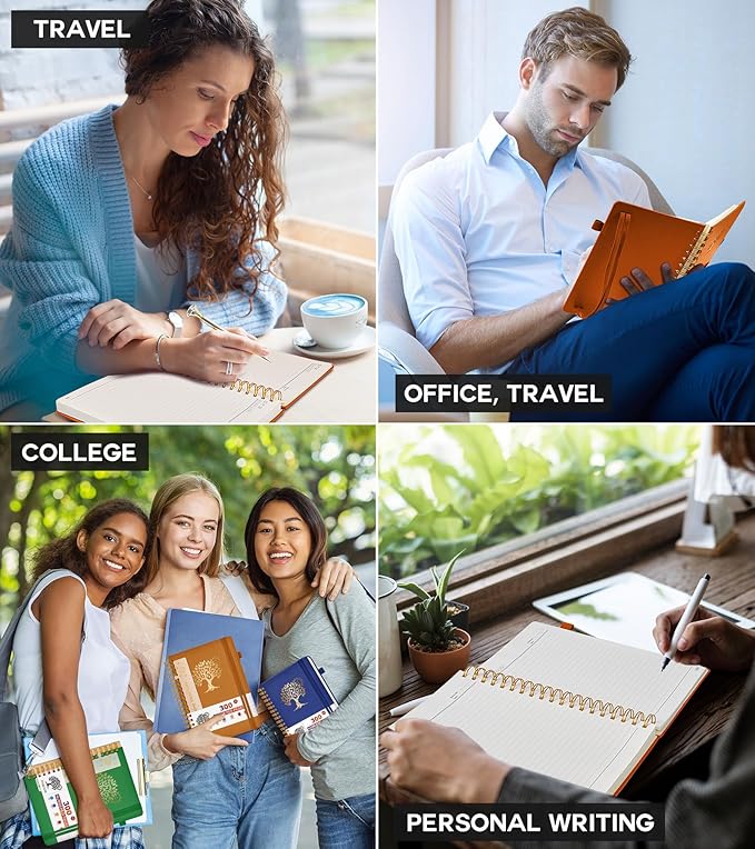 Large Spiral Notebook Journal for Women Men - 300 Numbered Lined Pages, College Ruled, A4 Hardcover Spiral Bound Notebook for School, Work, Note Taking, Writing, Leather Spiral Journal 8.5"x11"