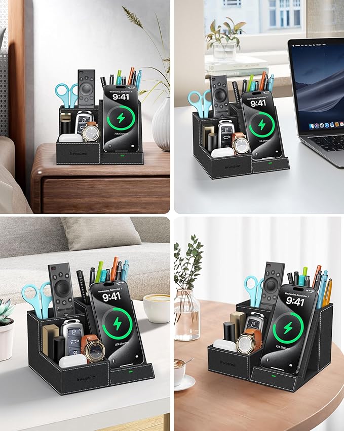 Wireless Charger with Desk Organizer, Pen Pencil Holder, Multifunctional Desktop Organizer, Office Supplies and Desk Accessories Organizer with 3 Compartments and 1 Phone Stand
