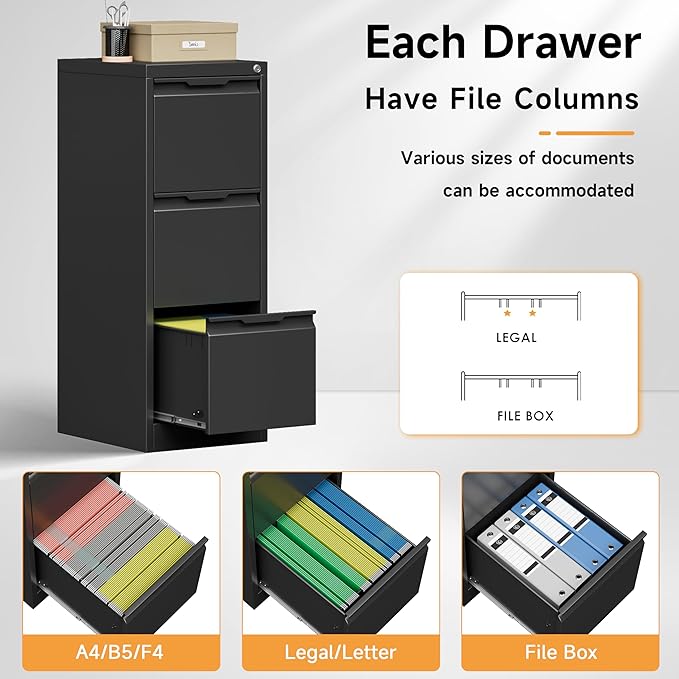 Bestoo 3-Drawer File Cabinet with Lock, Metal Filing Cabinet for Home Office, Vertical Filing Storage Cabinets, Fits File Folders, Letter/Legal/F4/A4 Size, Assembly Required (Black)