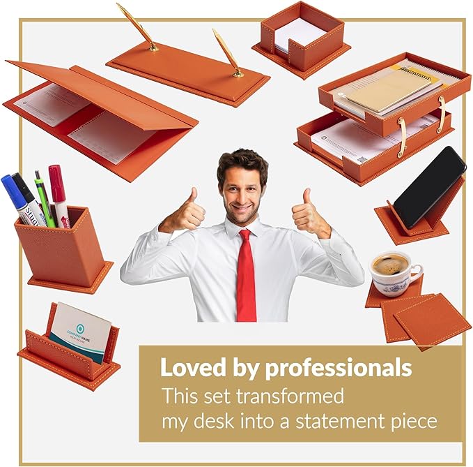 MOOGCO Bonded Set Luxury Leather Desk Pad & Desk Organization Essentials Desk Organizer Leather Desk Organizer