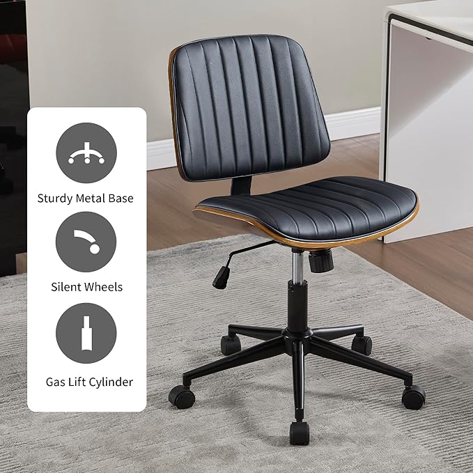 Small Home Office Chair - Armless Mid Back Desk Chair with 360° Swivel and Wheels, PU Upholstered Height Adjustable Modern Walnut Computer Chair for Home, Office Meeting Room - Black