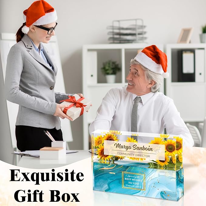 Ship Next Day-Custom Name Plate for Desk, Desk Name Plate Personalized, Acrylic Office Desk Accessories, Appreciation Gifts for Coworkers Employee Teachers Boss Women Men (Sunflower)