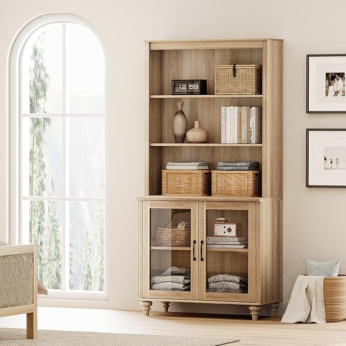 WAMPAT 5 Tier Bookshelf 72" Tall Bookcase with Glass Doors,Large Farmhouse Display Book Shelf with Adjustable Shelves and Storage Cabinet,Library Wood Bookshelves for Living Room,Kitchen, Oak