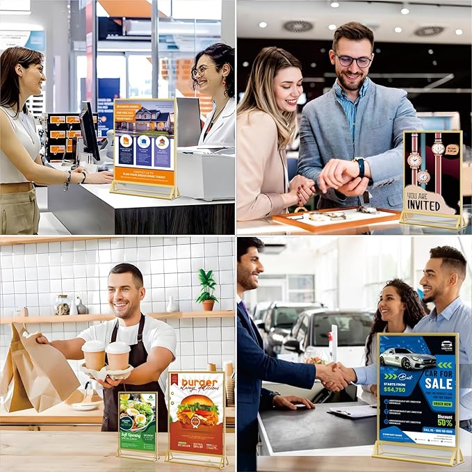 Acrylic Sign Holder 4x6 - 8 Pack Gold Picture Frame Double-Sided Table Sign Holder Vertical Display Stand Plastic Paper Holder -Vendor Booth Display Items Suitable for Wedding Office Store Party