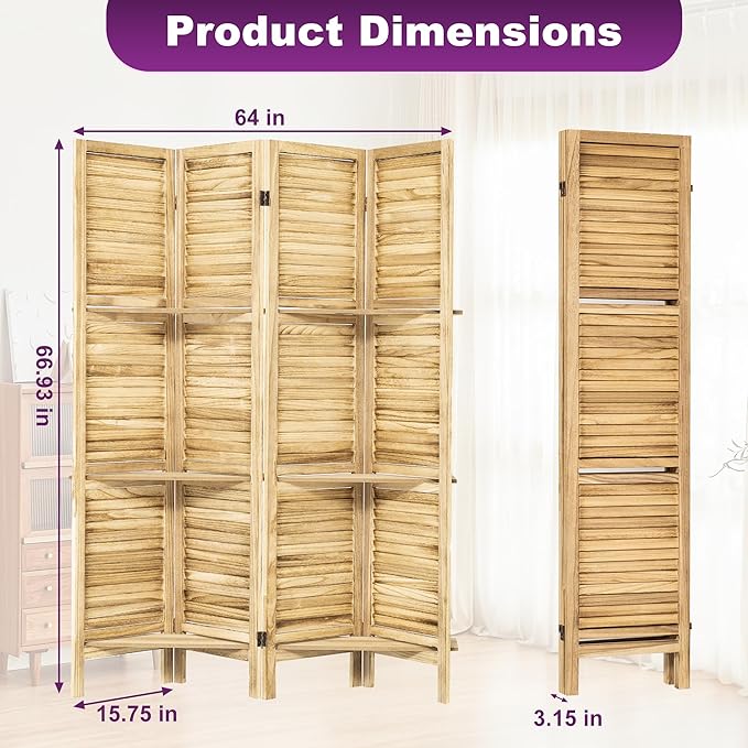 Room Divider with Shelves, 5.6FT Folding Room Divider Panel, 4 Panel Wood Partition Wall Divider for Room Separation, Natural Wood