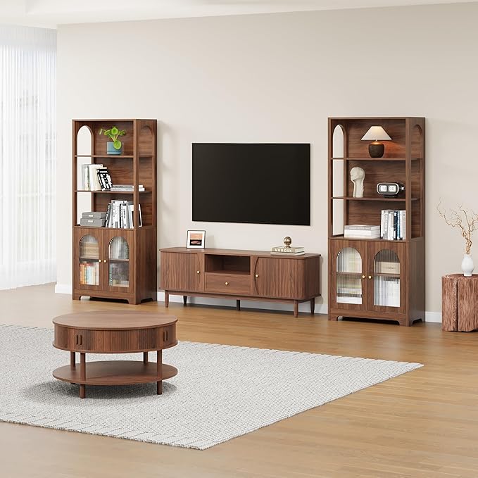 RARZOE Set of 2 Bookshelves and Bookcases, 5-Tier Arched Bookshelf with Glass Doors, Floor Standing 5 Shelf Book case, Wood Display Cabinet Storage Organizer for Living Room, Bedroom, Office(Walnut)