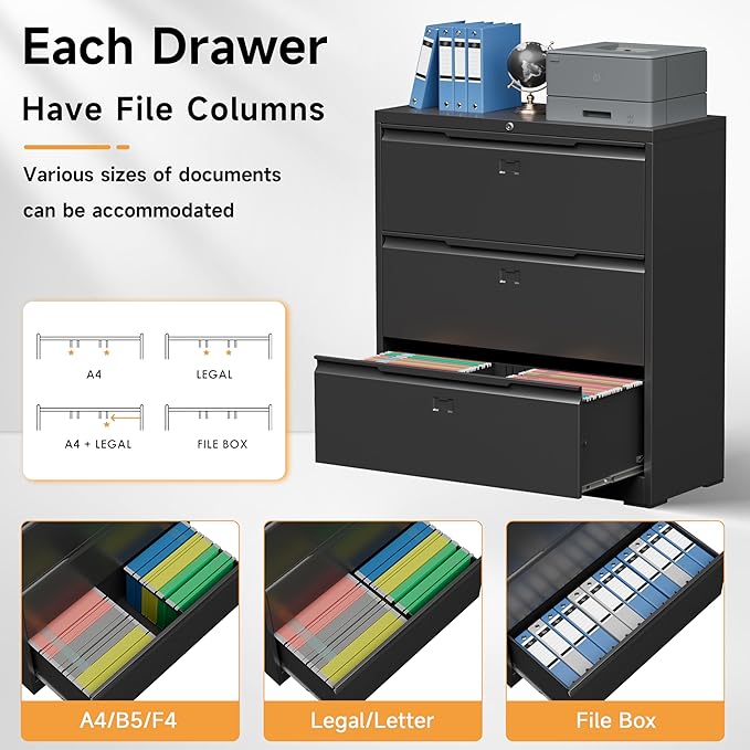 Bestoo 3-Drawer File Cabinet with Lock, Metal Filing Cabinet for Home Office, Lateral Filing Storage Cabinets, Fits File Folders, Letter/Legal/F4/A4 Sizes, Assembly Required (Black)